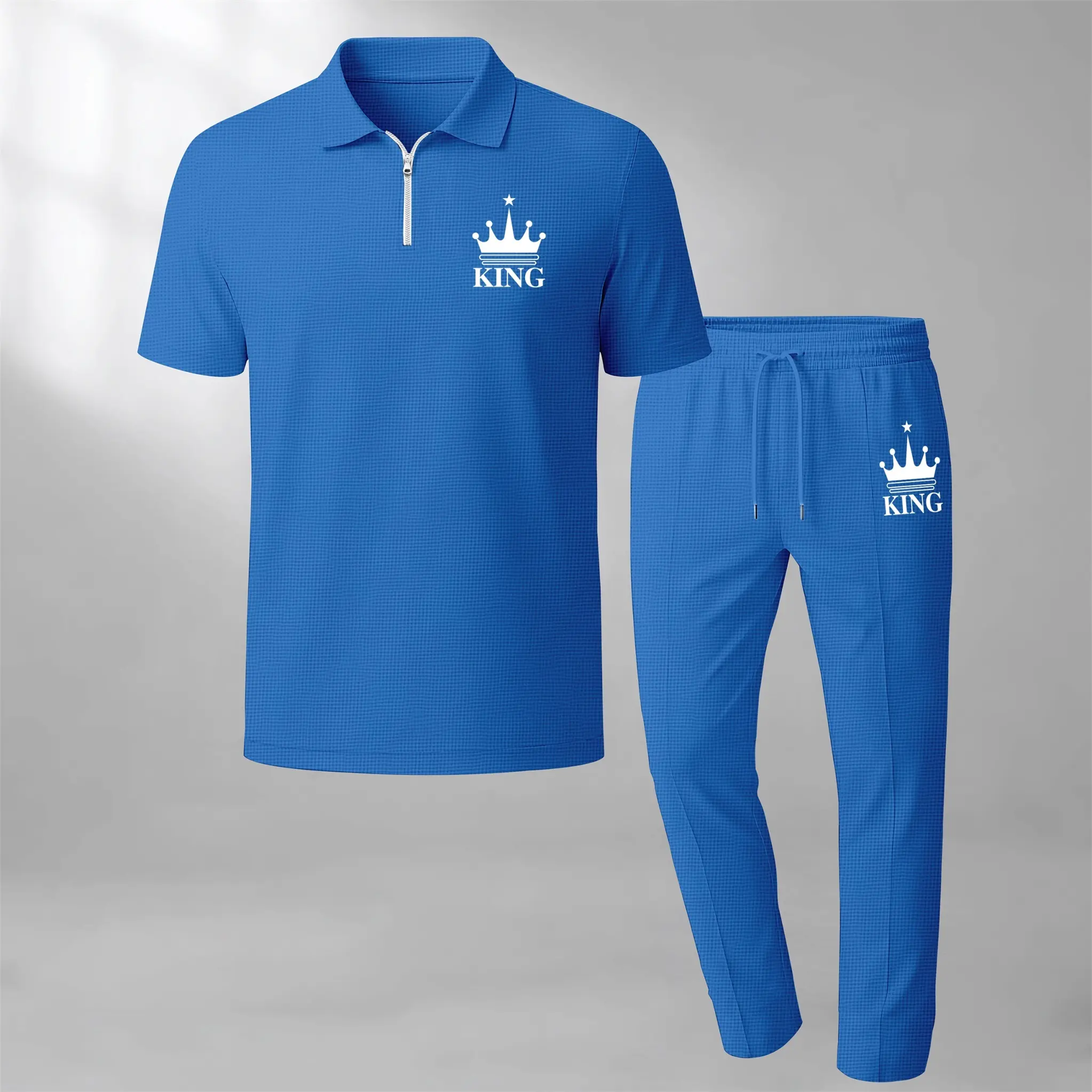 Men’s King Crown Printed Polo Two-Piece Set with Short-Sleeve Zip Polo Shirt and Drawstring Long Pants; Waffle-Knit Casual Summer Outfit