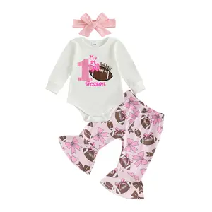 My 1St Football Season Baby Girl Outfits Letter Print Long Sleeve Ribbed Romper Bodysuit + Rugby Bow Print Flare Pants Bell Bottoms + Headband 3 Pcs Newborn Fall Clothes Set