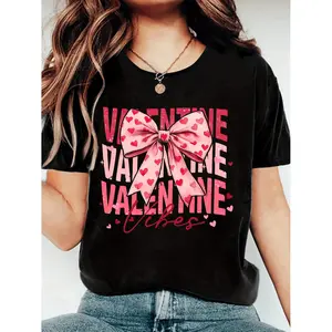 Valentine's Day Women's Casual Short Sleeve T-Shirt - Pink & Red Heart Bow Design, Relaxed Fit, Breathable Summer Fabric, Machine Washable, Valentine's Day T-shirts
