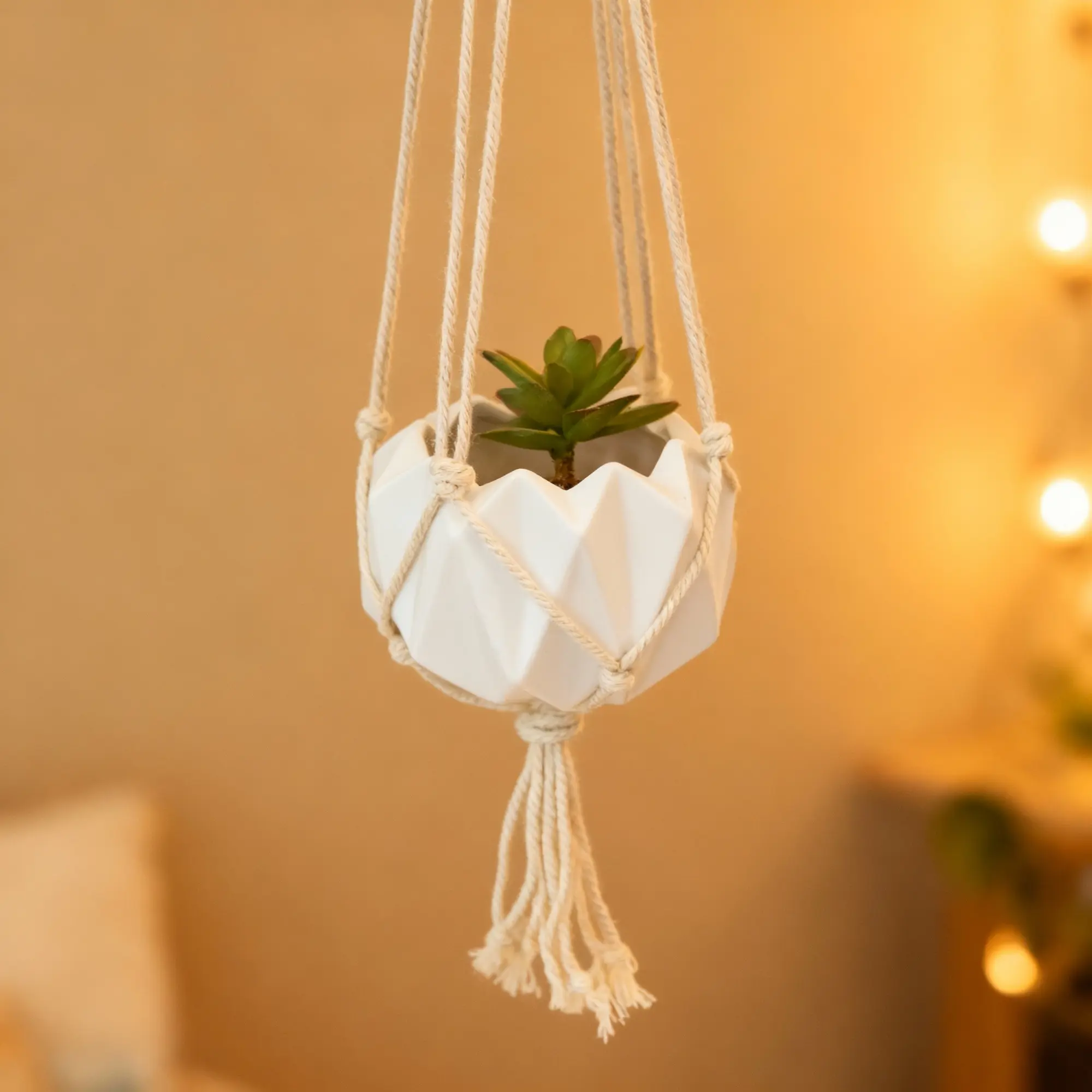 4'' x 5" Ceramic Macrame Hanging Planter Matte White Geometric Patterns Indoor Floating Oasis Hand-Crafted Artisan Made