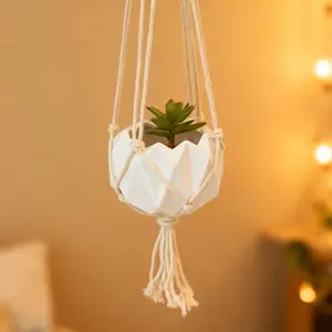 4'' x 5" Ceramic Macrame Hanging Planter Matte White Geometric Patterns Indoor Floating Oasis Hand-Crafted Artisan Made
