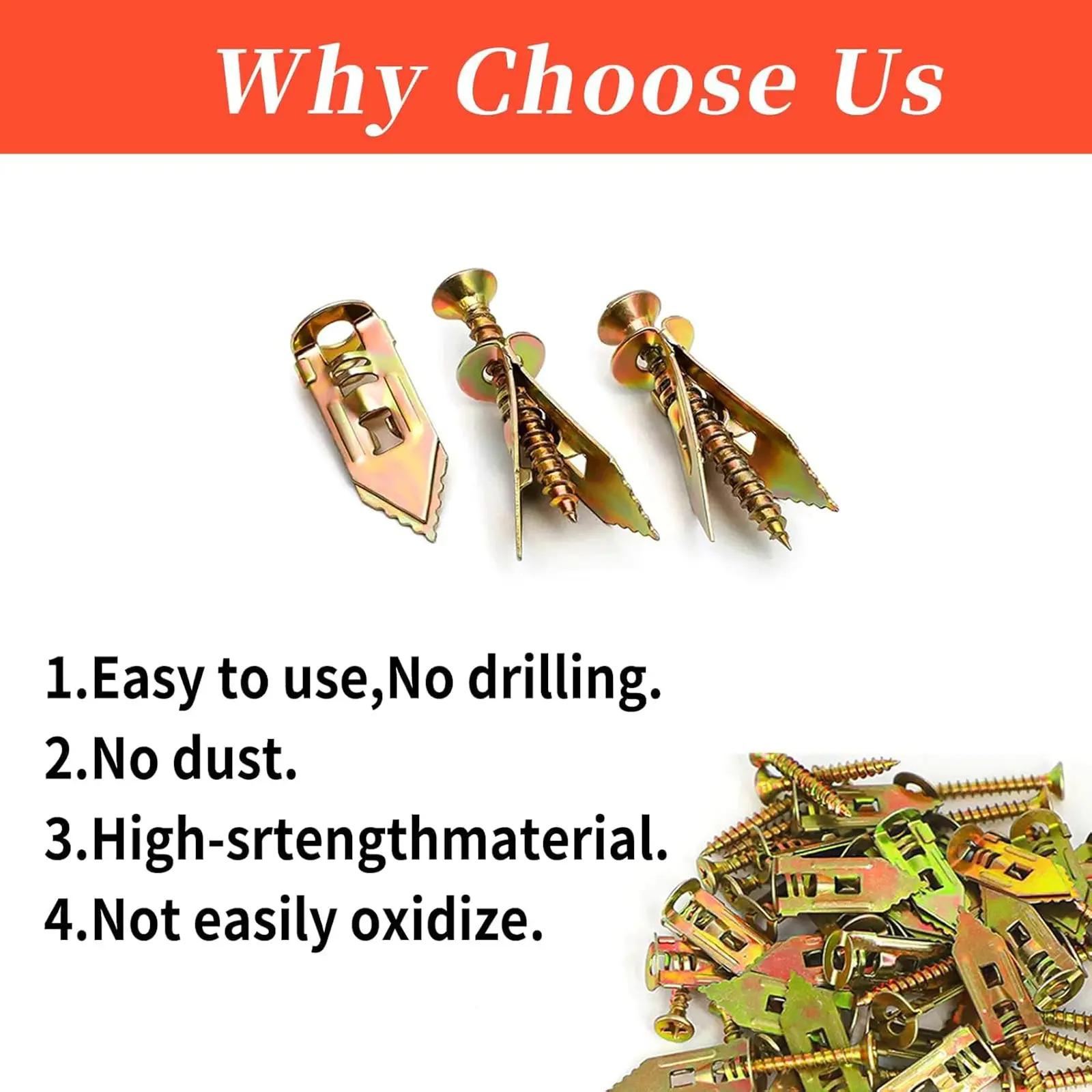 120 Count Drywall Self Drilling Anchors and Screws,Easy Application,No Drill or Holes in Wall,Heavy-Duty Zinc-Plated Steel Anchors with Self-Tapping Screws,Hollow Screws and Anchors for TV,Bicycle,Cabinet Fixing Accessories.