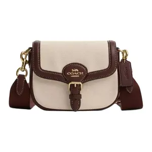 COACH Amelia 17 Saddle Bag – Canvas and Smooth Leather, Snap Closure, Small Women’s Crossbody Bag in Gold and Natural Multicolor