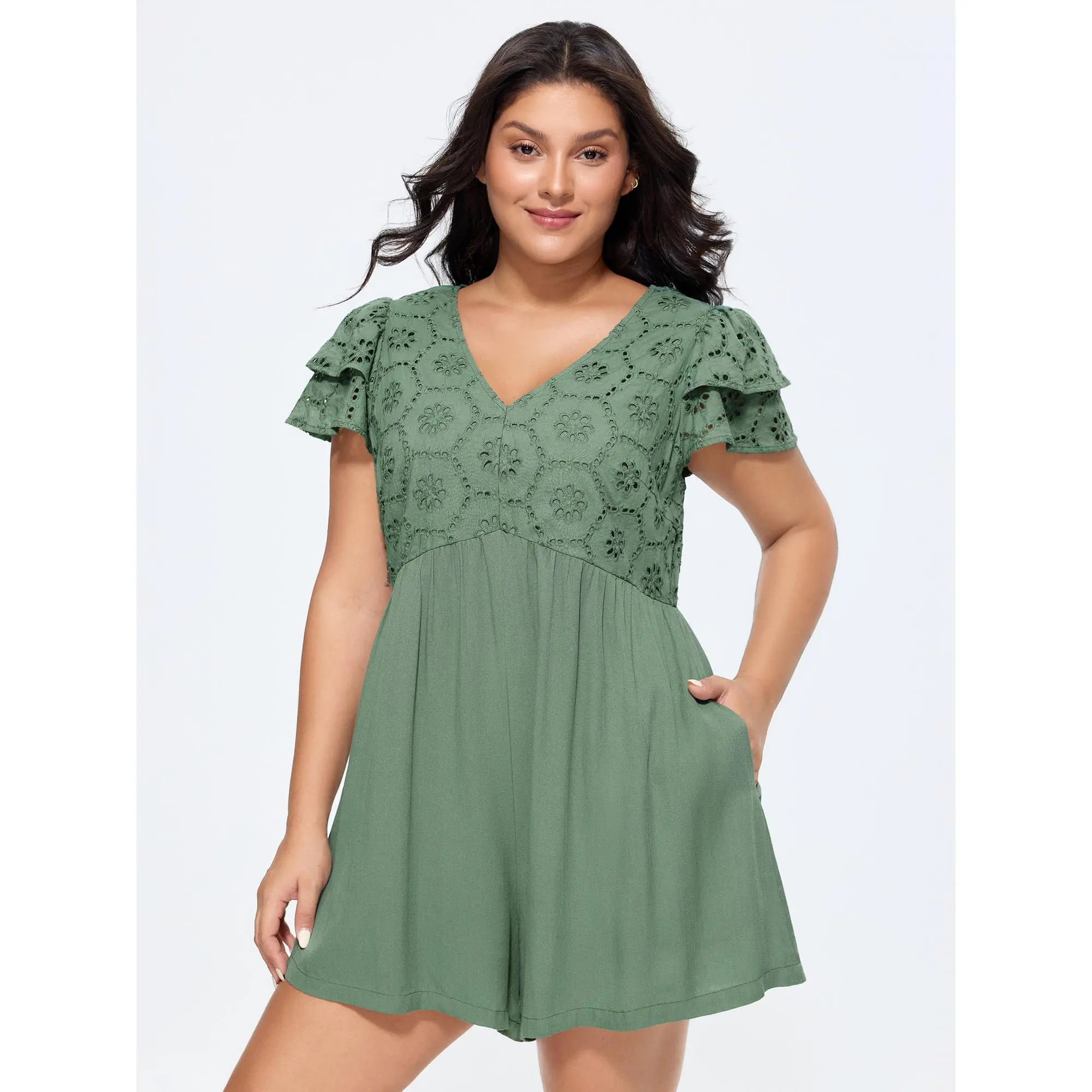 BloomChic Plus Size Leisure Romper, Comfortable Fit with Layered Ruffle Sleeves, Eyelet Trim, and Pockets in Cotton Fabric, Ruffles, Low Iron, Rompers For Women, Daily, Smooth, Garment, Overalls