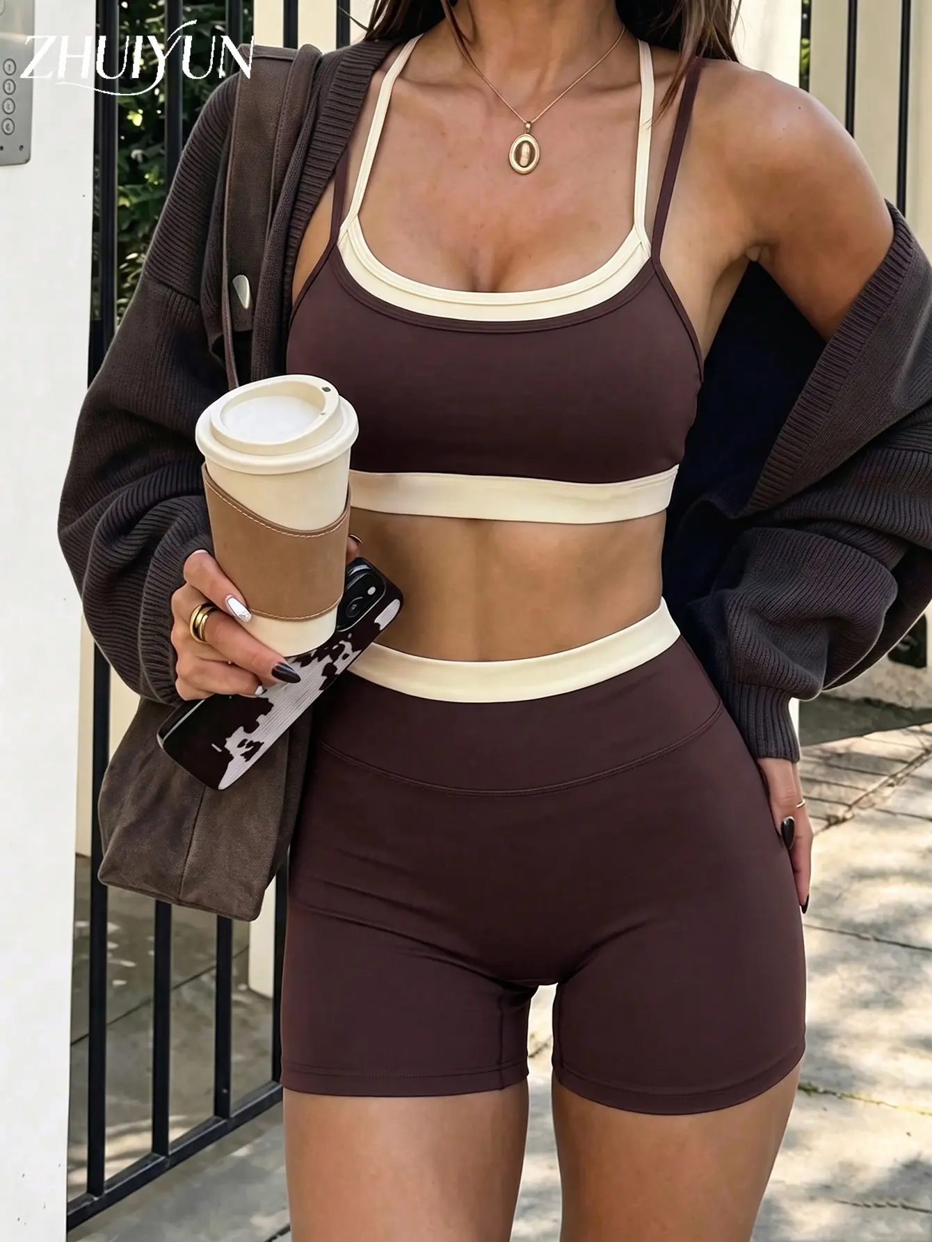 ZHUIYUN women’s spring/summer color-block cropped yoga outfit & U-neck faux two-piece tank top with high-waisted, butt-lifting five-inch shorts & Maillard-inspired color palette activewear casual set for outdoor wear, two-piece set