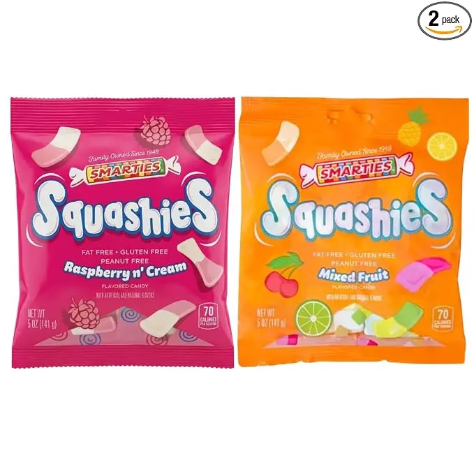 Smarties Squashies Variety Pack Foam Marshmallows Gummy Candies - Raspberry & Cream and Mixed Fruit Flavored - Allergen Free, Peanut Free & Gluten Free Candy - Soft & Chewy Squashies Candies - 5 oz Bag (Pack of 2)