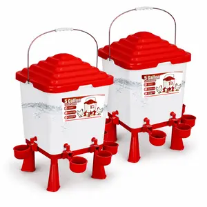 5 Gal Automatic Poultry Chicken Waterer - Anti-Leak PP Transparent Tank Dispenser, 4 Drinking Cups, Elevated Stand, Anti-Roosting Top, Portable Handle for Outdoor Coop Chickens