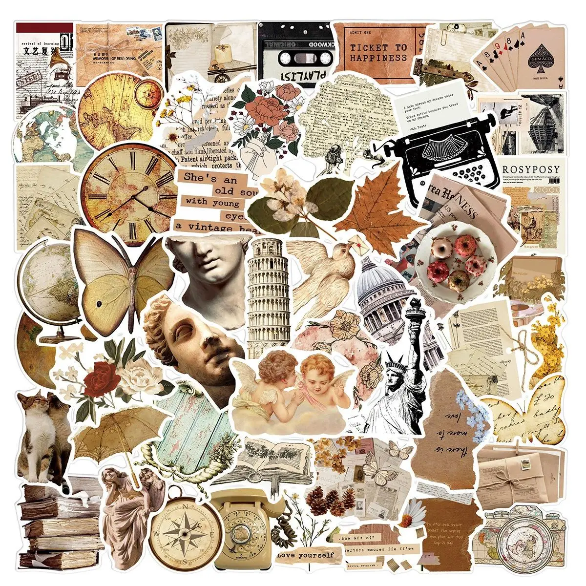 50pcs Retro Art Pattern Series Graffiti Stickers, Waterproof Decorative Sticker, DIY Creative Toys Home Decor, Sticker Sheets