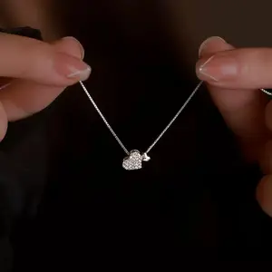 S925 Sterling Silver Double Heart Pendant Necklace with Cubic Zircon Casual for Women