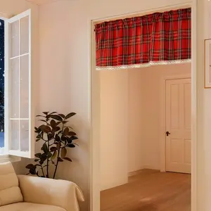 1 piece of red checkered lace short curtain, retro countryside style café door curtain, cabinet curtain, small curtain, simple modern and comfortable holiday atmosphere decorative curtain, suitable for dining room kitchen café door curtain