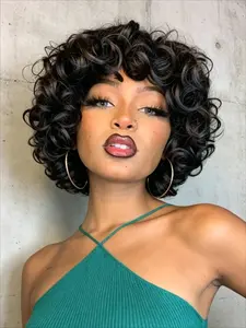 Bouncy Curly Fringe Pixie Cut Wig, Short Curly Egg Curls Bob Wig with Bangs, 100% Brazilian Remy Human Hair, Non Lace Glueless Machine Made Wig, Wear And Go Easy Install Natural Fluffy Short Curly Bob Wig, Realistic Hairline Soft Bouncy Texture Fashion Da
