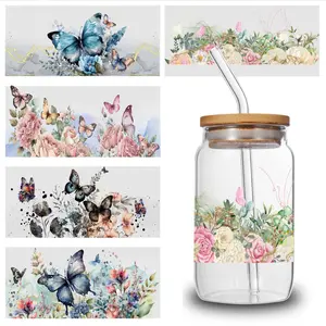 5 Sheets Floral Butterflies UV DTF  Unicorn Glass DTF Transfer  funny  Cups Decoration Plastic Self-Adhesive Labels Peonies renovation vinyl floor PVC Bat Wall Stickers