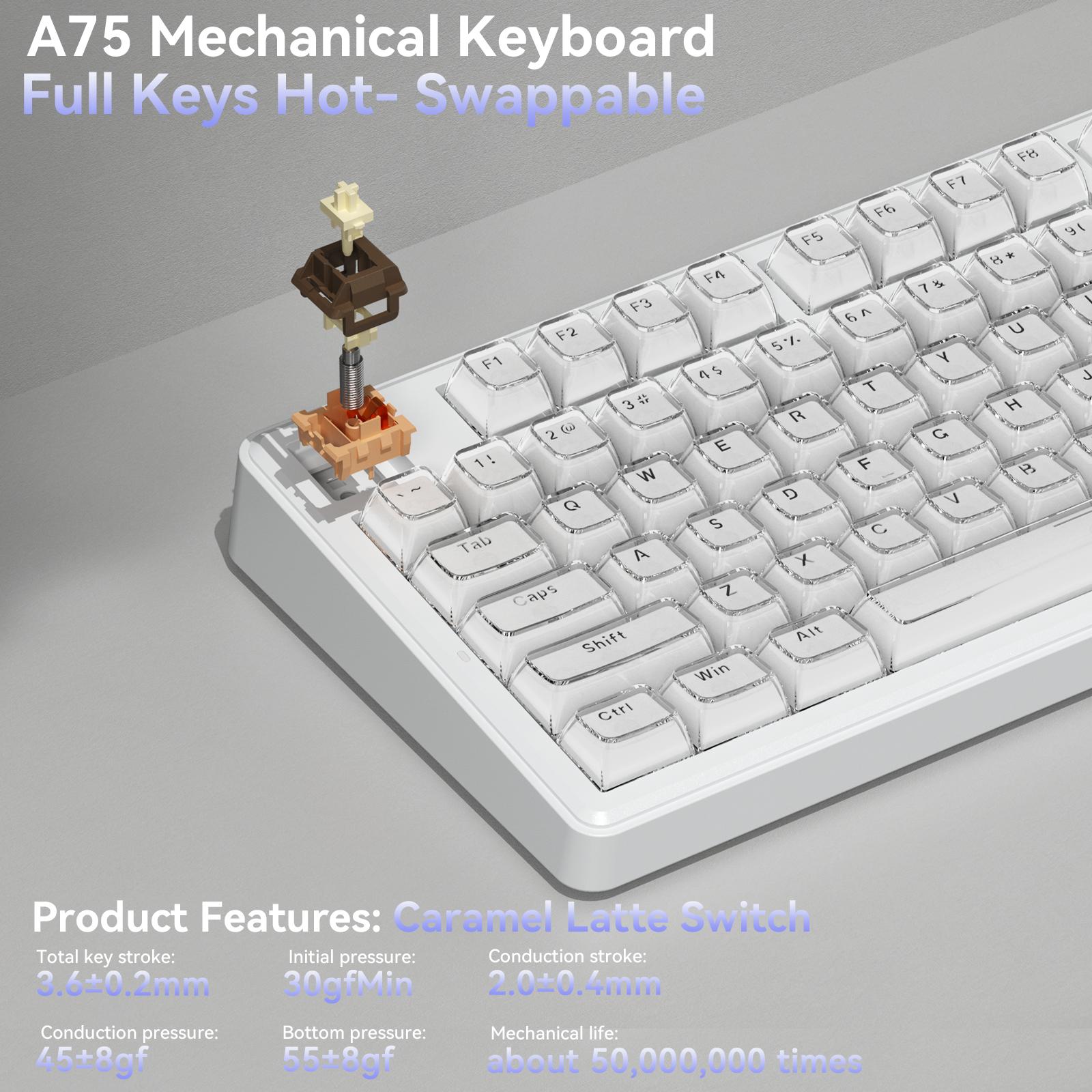 [New]SOLAKAKA A75 Crystal White Wireless Keyboard, Cute RGB 75% Mechanical Keyboard, Tri-Mode Bluetooth/2.4G/USB-C, Creamy Caramel Latte Linear Switch, Hot Swappable Aesthetic Keyboard for PC Mac Laptop