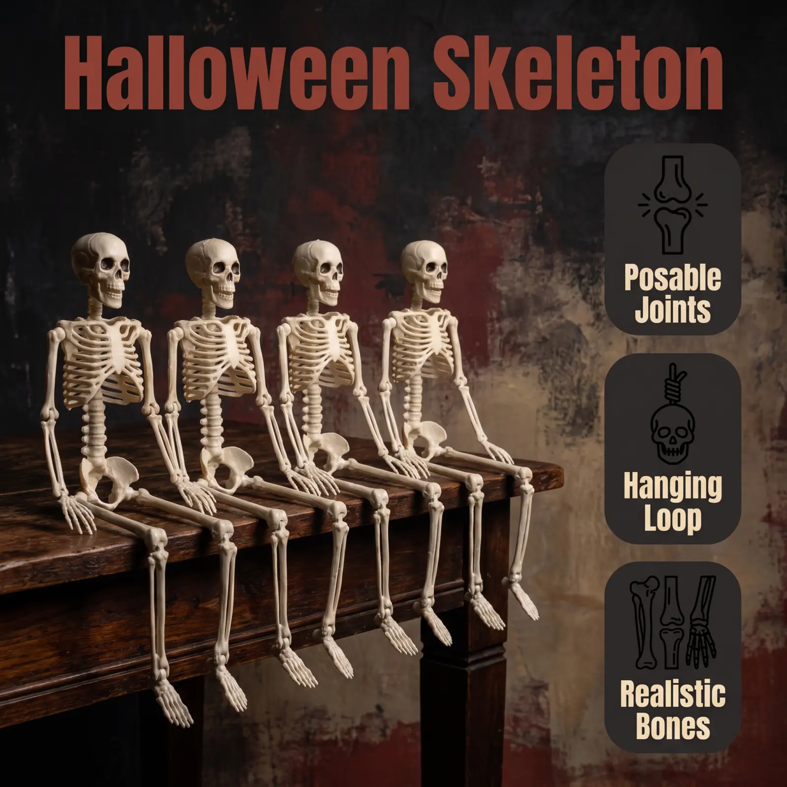 5-Piece Hanging Skeleton Decorations, 16-in Mini Full-Body Skeleton Props for Halloween, Haunted House & Spooky Party Decor