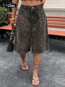 Trendy New Leopard Print Denim Jeans, Fashionable Street Style, Spring Summer Youthful Look, Women's Mid-Calf Jeans, Button Fly Closure