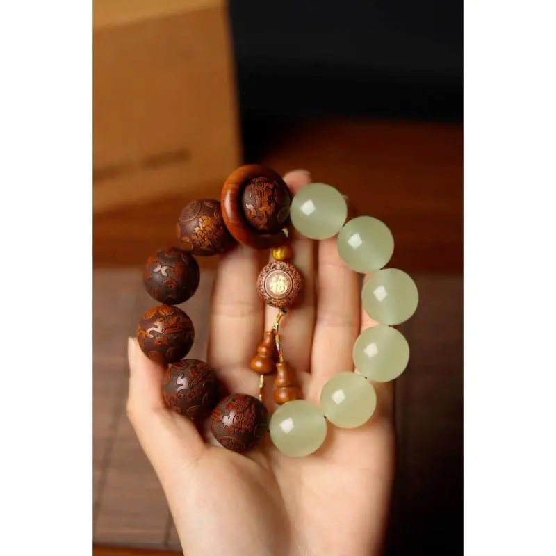 Unisex Natural Huanghuali Wood Engraved Bead Bracelet - Luminous Single-Circle Buddha Beads with Pixiu Motif, Daily Wear Fashion Costume Jewelry (Matching Pair Option)