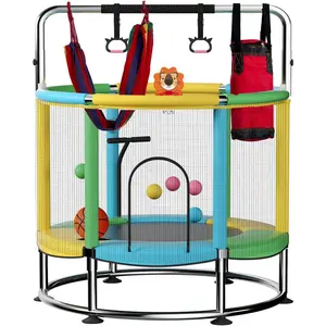 55" Trampoline for ,Up to 440 Ibs Mini Trampoline with Anti-Rollover Round Bottom,Indoor & Outdoor  Trampoline with Safety Enclosure,Adjustable Gymnastics Bars,Basketball Hoop