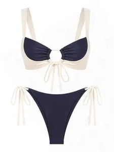 Seamoly Two-Piece Set Women's Solid Bikini Swimsuit, Cut Out Tie Front Bikini Top & Overlap Waist Swim Knicker