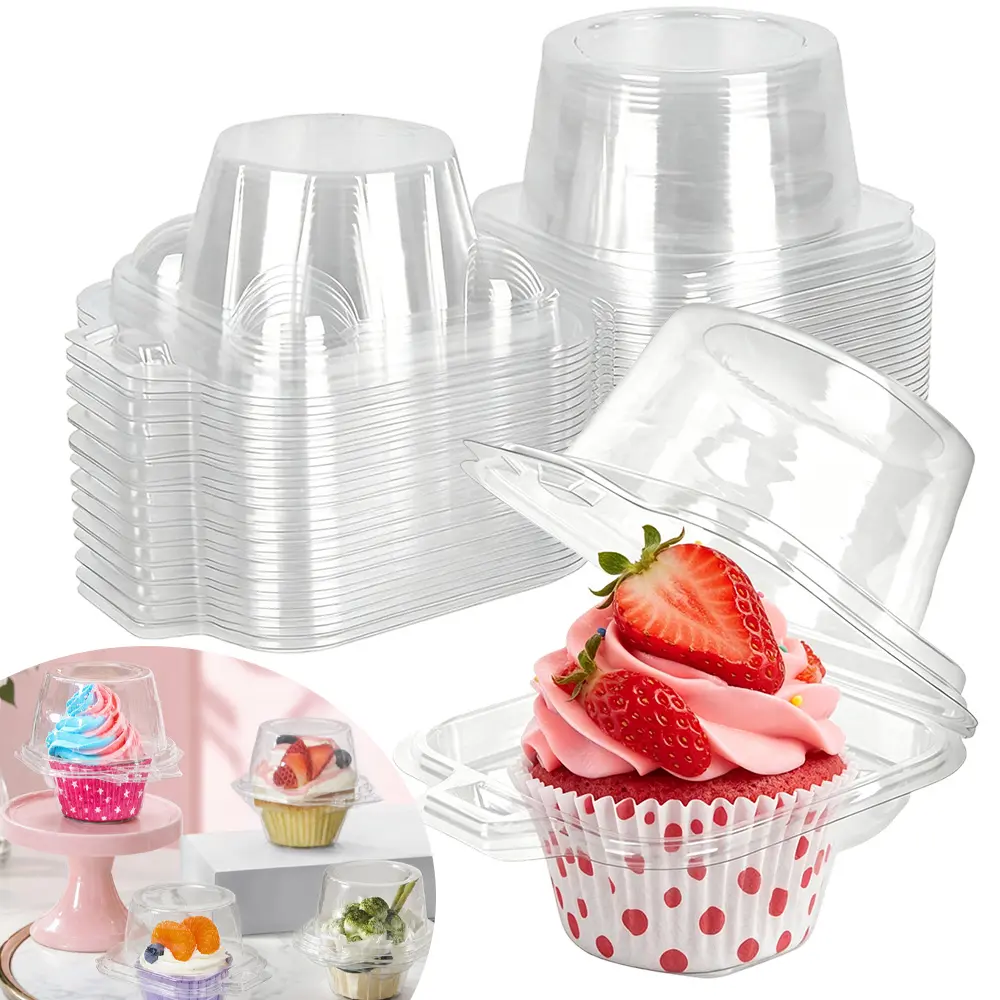 100 pcs small cupcake packaging box, transparent plastic cake box with safety buckle, used for cupcakes, Muffin cups or small mousse desserts, suitable for home baking, dessert shops, parties