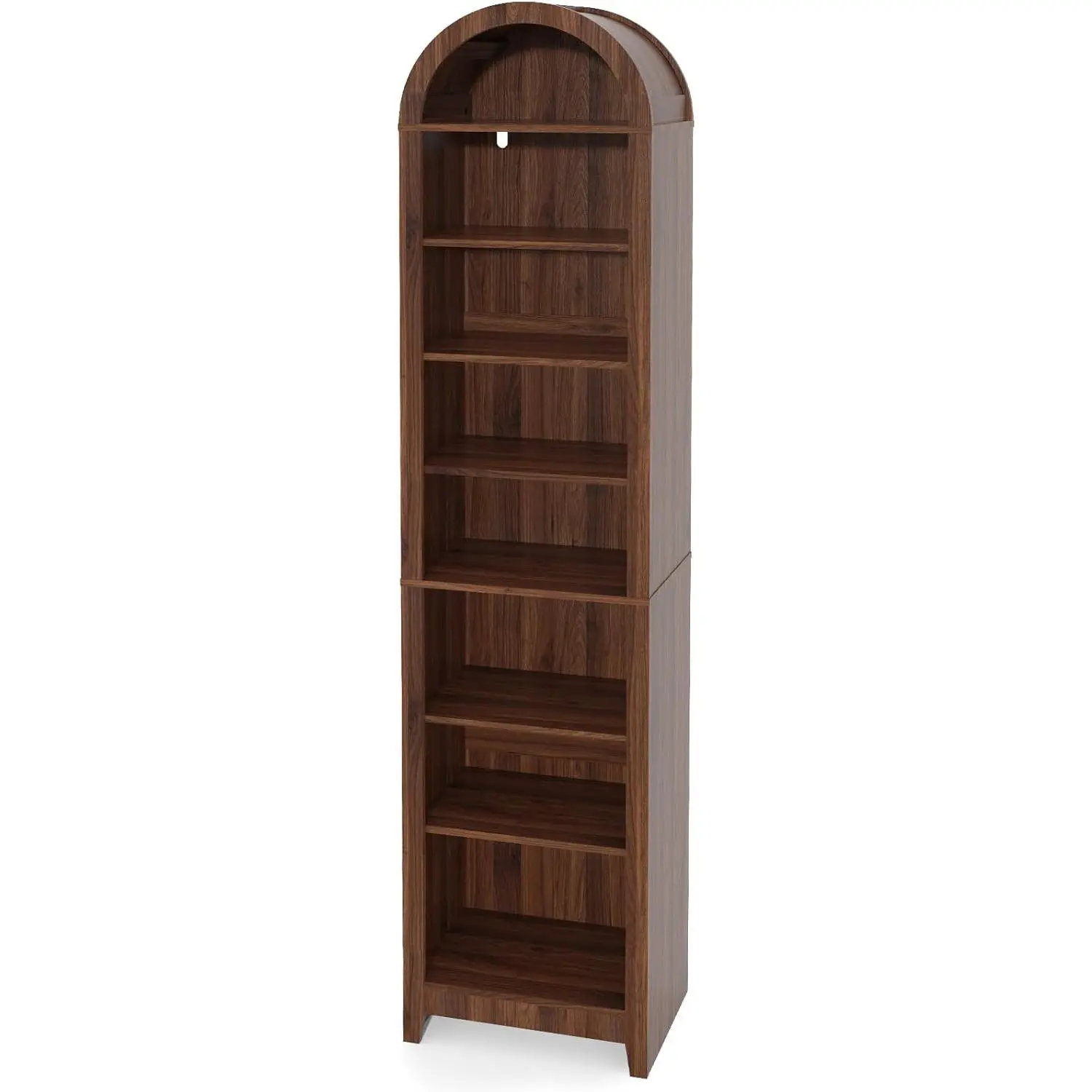 Karl home 70" Tall Narrow Arched Display Cabinet, Mid-Century Modern 8-Tier Bookcase, Slim Bookshelf with 3 Adjustable Shelves, Freestanding Storage Organizer for Kitchen, Living Room, Office, Walnut