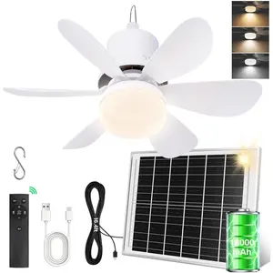 Solar Ceiling Fan with Light, 18000mAh Rechargeable Camping Fan with Remote, 450CFM Strong Airflow, 17.5'' Portable Battery Powered Ceiling Fan for Gazebo, Canopy, Tent, RV Outdoor