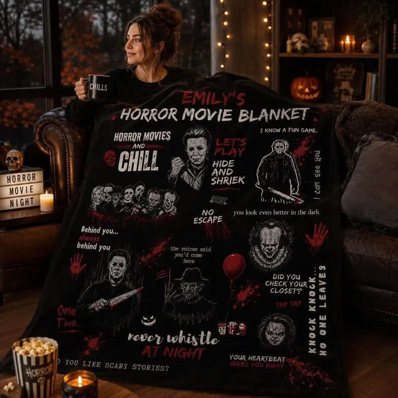Personalized Horror Movie Blanket, Custom Horror Blanket, Scary Movie Gift, Halloween Throw Blanket, Horror Fan Gift, Horror Collage