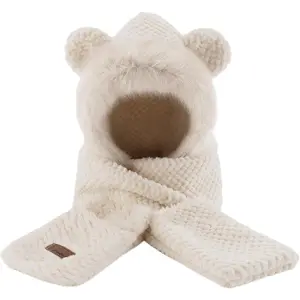 Hooded Scarf for Women, Winter 3-In-1 Fleece Scarf Hats, Cute Bear Ear Hooded Scarfs Beanie and Gloves