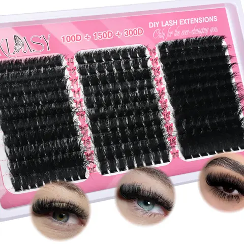 HK HIKLASY Lash Volume Clusters - Gentle Cosmetic Eyelash Extensions, 3 Mixed Styles, 10-20mm D Curl, 100D+150D+200D Thickened Natural Eyelash Cluster for DIY False Lashes Makeup Look