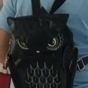 Black Soft Leather Owl Backpack with Decorative Design and Zippered Closure