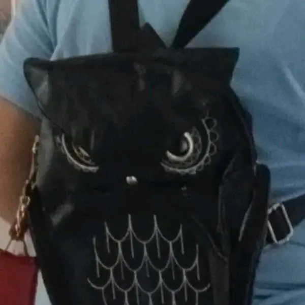 Black Soft Leather Owl Backpack with Decorative Design and Zippered Closure