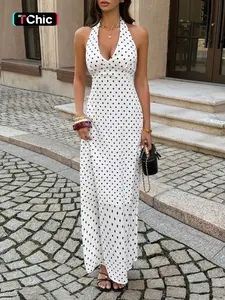 Elegant Retro Polka Dot Halter Deep V Neck Back Tie Slim Fit Long Dress, Sleeveless Lace Up Party Dress for Women, Halter Strap Dress