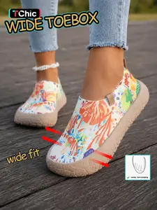 Watercolor Floral Boho Breathable Knit Casual Summer Flat Shoes, Comfort Wide Fit Slip-On, Beach Vacation Music Festival Daily Wear