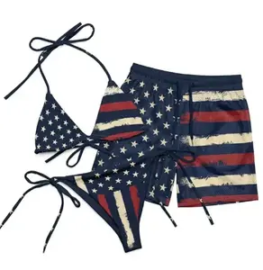 Couple's Matching 4th of July Swimwear Set - Distressed USA Flag Stars & Stripes Bikini, Mesh Shorts, Couple Gift
