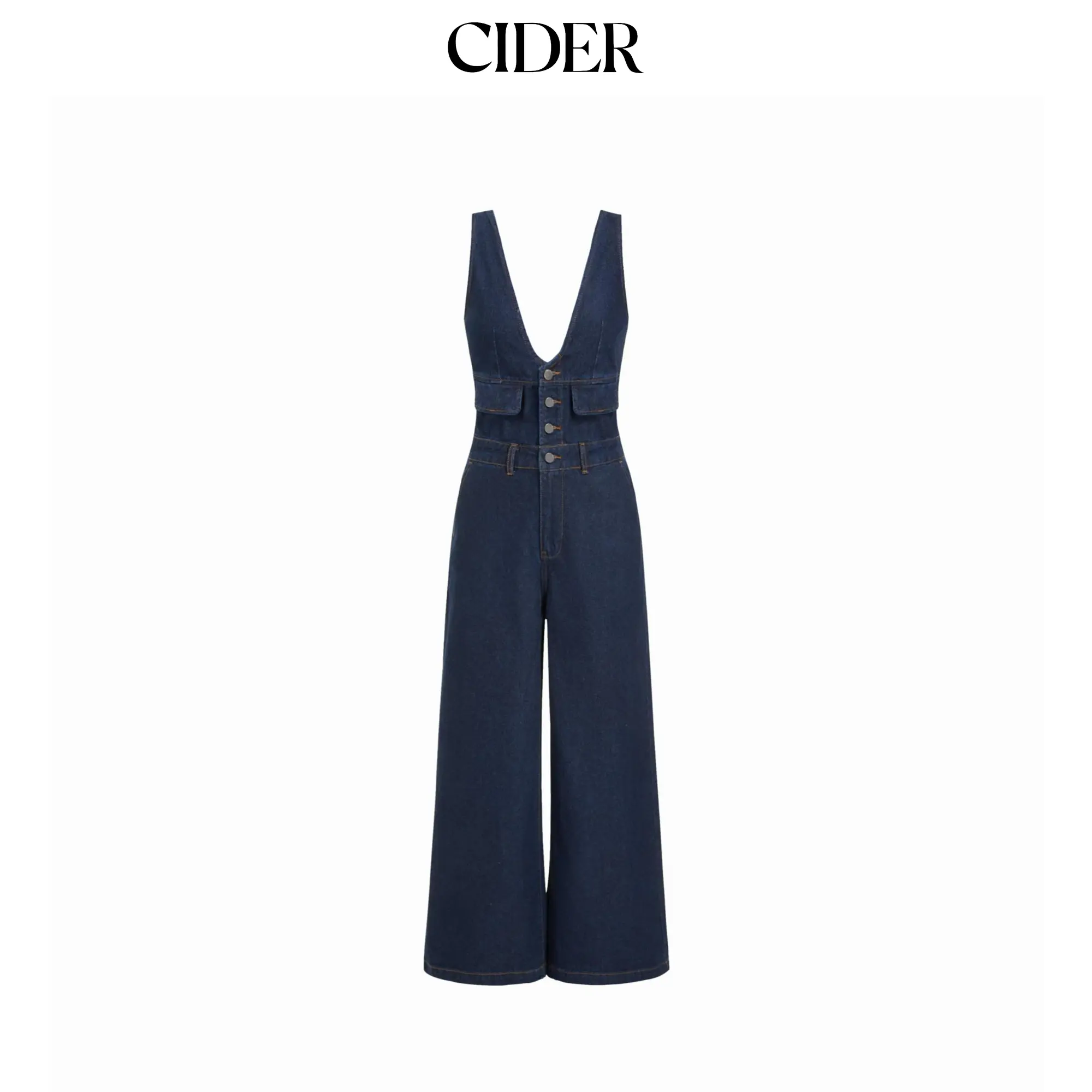 Cider Petite Washed Denim High Rise V-neck Metal Detail Oversized Wide Leg Jumpsuit