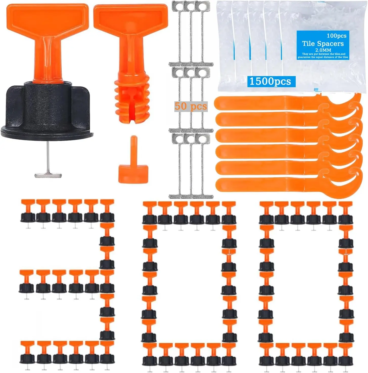 Tile Leveling System Kit,300pcs  1/16" Tile Leveler Spacers+1500pcs -shaped Tile Spacers+6pcs Wrench+1pack 1/16" Replaceable Spare Steel T-Pin,Tools for Wall Floor Tile Adjustment