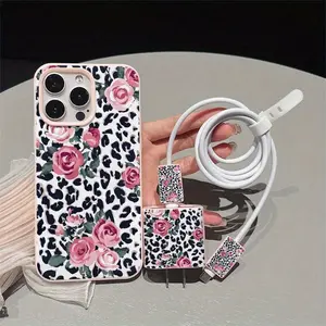 iPhone Case Set with Leopard Print & Rose Design, Shockproof Protective Cover for iPhone 15 Series, Includes Charger Protector & Cable Wrap
