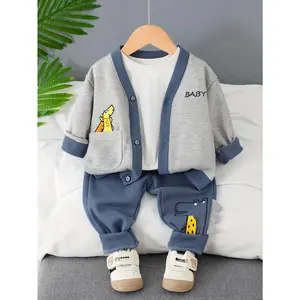 Boys' Dinosaur Two-Piece Set Gray Color Block Cardigan Dinosaur Print BABY Lettering Embellished Pants Soft Light Beige Friendly RG9621067