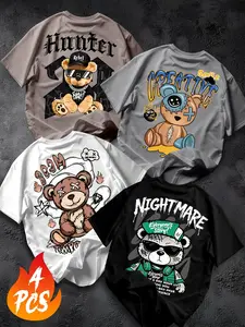 4-Pack Plus Size Men's T-Shirts, Cool Teddy Bear Print, Loose Fit, Street Style, Hunter/nightmare Bear Design, Casual Combo Tops