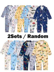 Boys' Pajamas Set, Button Front Long Sleeve Comfortable Sleepwear, Cartoon Pattern, Soft Fabric, Casual Home Wear, Spring & Fall