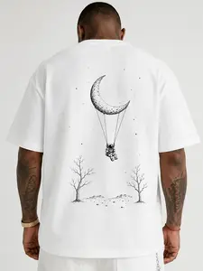 Men’s Astronaut Moon Graphic T-Shirt, Minimalist Black & White Space Print Tee, Oversized Casual Streetwear Top