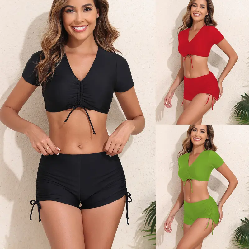 2026 New European and American Style Women's Swimwear, Sexy Short-Sleeved Conservative Two-Piece Bikini Swimsuit