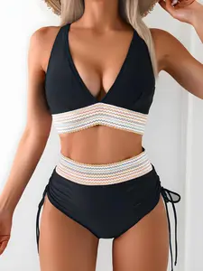 Women's Solid Color Colorful Wavy Trim Drawstring Side Bikini Set, Casual Fashion Chic Adjustable Strap Swimsuit Set for Beach Holiday Vacation, Ladies Swimwear for All Seasons
