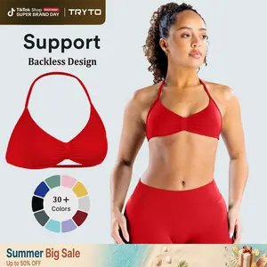 [SIZE UP 1] TRYTO Impact Strappy Bra Backless Halter Sports Yoga Top Women Workout Fitness Sportswear Gymwear Gym Outdoor Front Motion Scrunch Tops