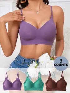 Women's 3pcs Solid Adjustable Strap Wireless Push Up Bra, Casual Soft Comfortable Breathable Seamless Bralette, Lady Lingerie for All Seasons, Intimate Clothing, Womenswear, Adjustable Bras