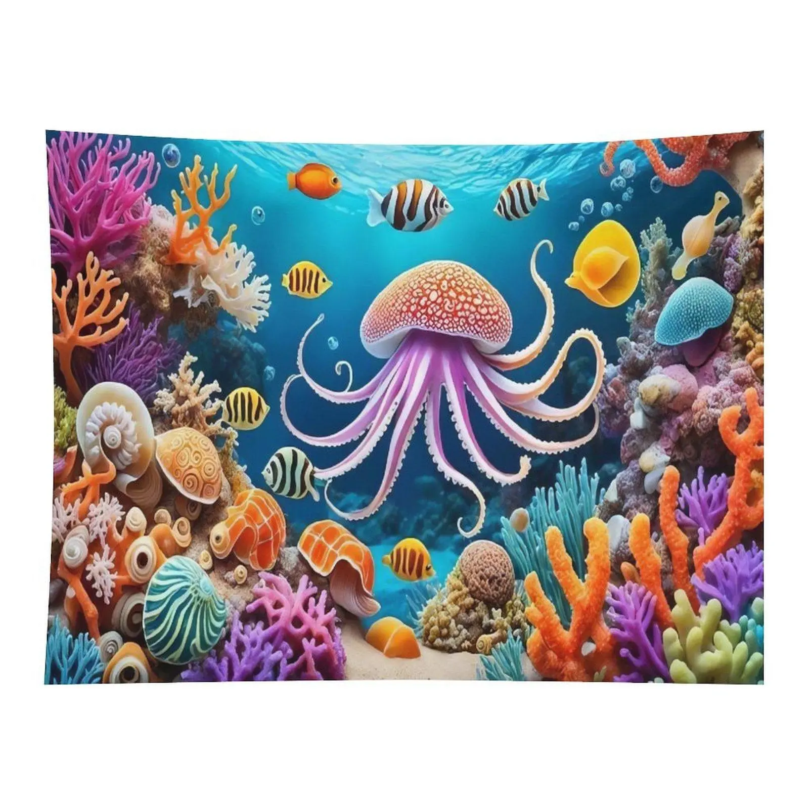 Colorful Underwater World Tapestry, Jellyfish Coral Tropical Fish Ocean Marine Life Wall Hanging Home Decoration