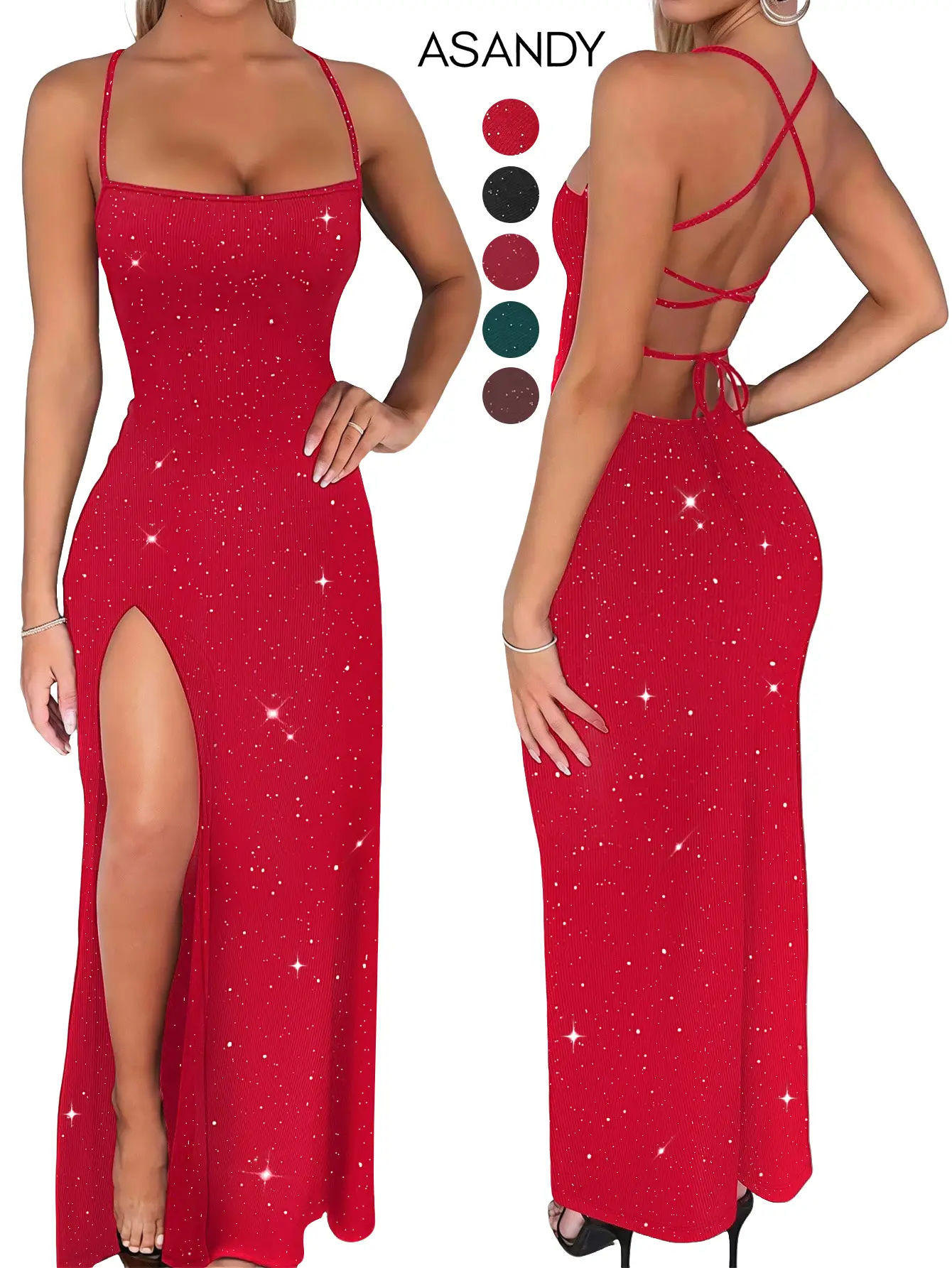 ASANDY Women's Elegant Glitter Metallic Sequin Off-Shoulder Pencil Dress - Long Sleeves, Spaghetti Straps, Cross Back, High Slit, Halter Neck, Knit Bodycon Fabric for Evening Parties, Casual Wear, Fashion