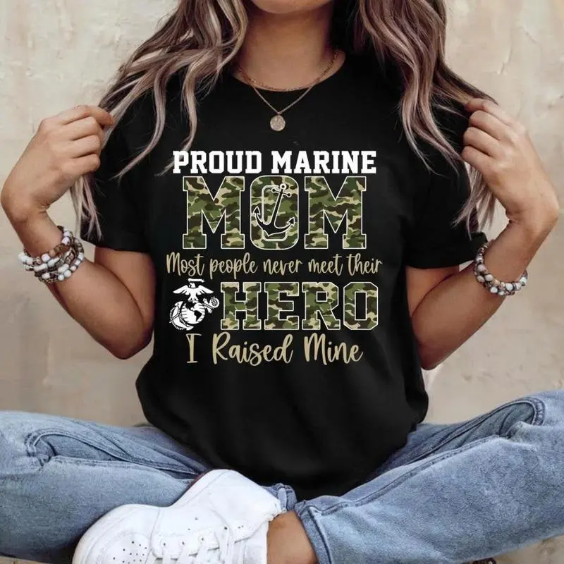 Women's Love Marine Mom Graphic T-Shirt - Soft Cotton Oversized Short-Sleeve Round Neck Casual Top, Military Pride Streetwear Gift, Fit, Piece, Tee, Thanksgiving, Valentines Day, Shortsleeve, Gamers, Graphic Print, All Seasons, A Type, Crew Neck, Tshirt,