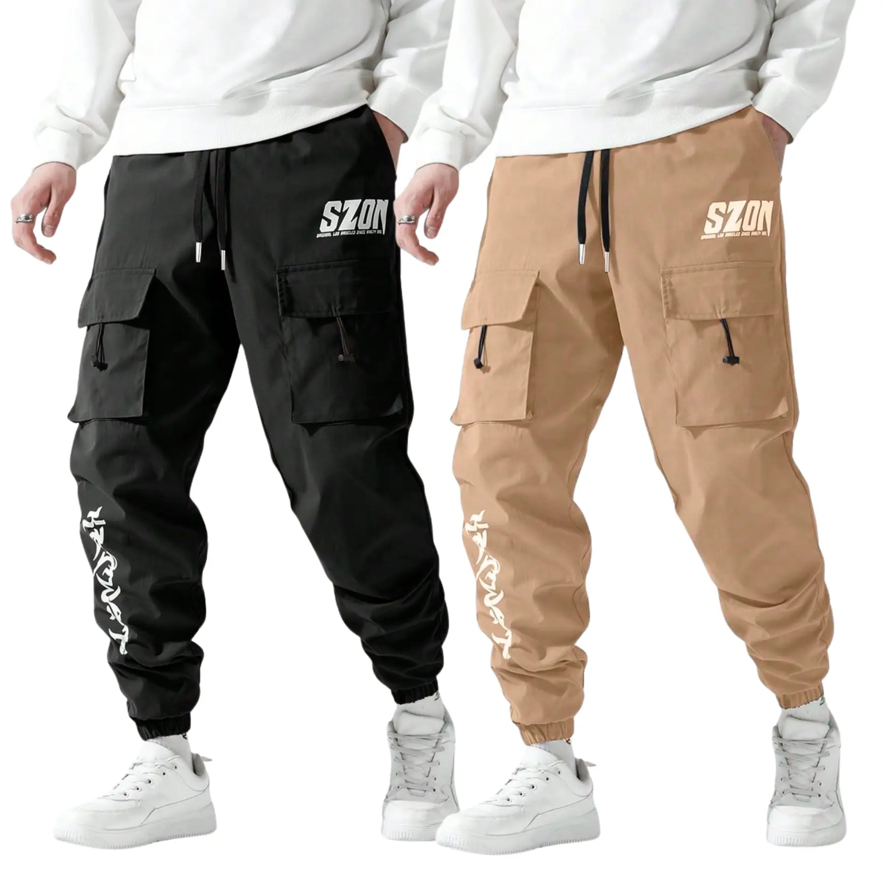 Men's 2-Pack Letter Print Cargo Joggers, Loose Comfortable Streetwear Pants with Drawstring and Flap Pockets for Summer
