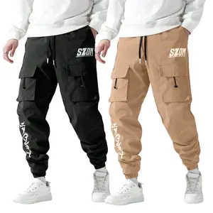 2-Pack Men's Letter Print Cargo Joggers, Mid Waist Drawstring Flap Pockets, Loose Comfy Activewear, Summer Vibes Trendy Streetwear Casual Outdoor Sporty Daily Mens Bottoms