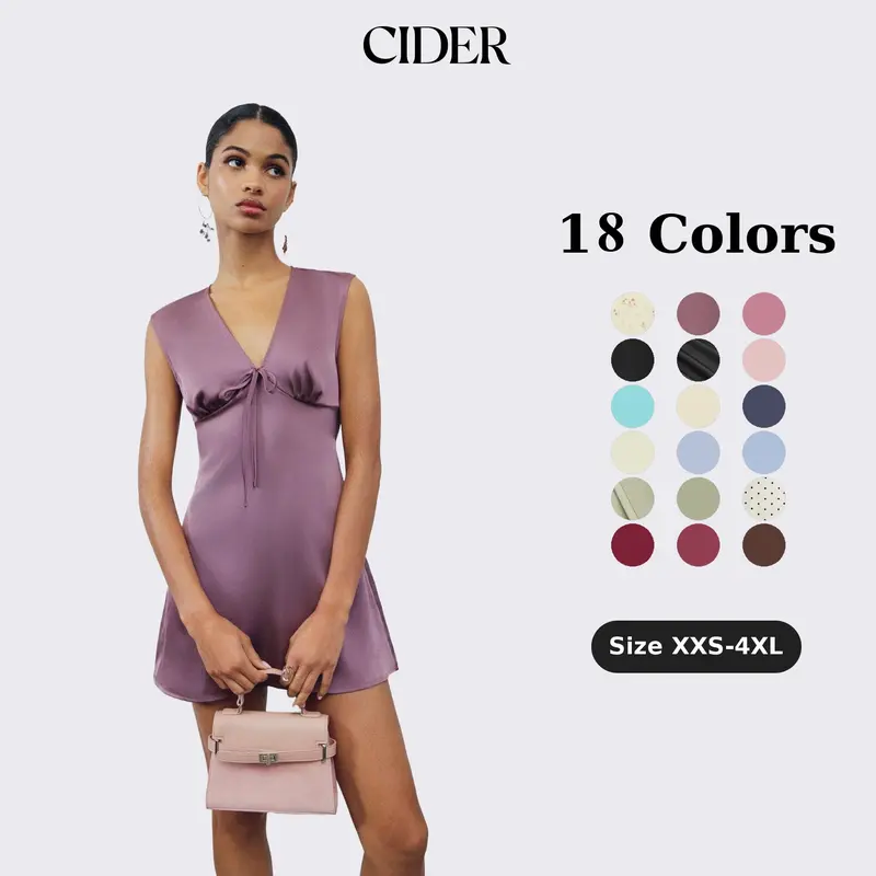 Cider Satin V-neck Ruched Knotted Tie Back Mini Dress Casual Womenswear
